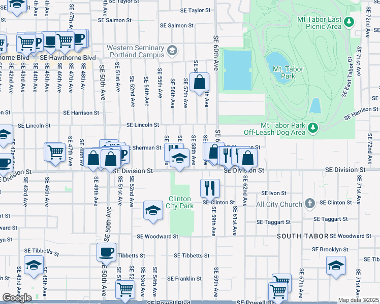 map of restaurants, bars, coffee shops, grocery stores, and more near 2225 Southeast 58th Avenue in Portland