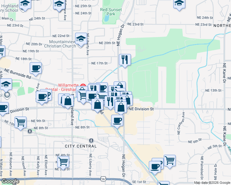 map of restaurants, bars, coffee shops, grocery stores, and more near 1405 Northeast Hogan Place in Gresham