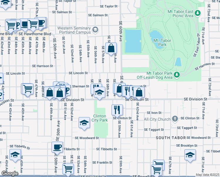map of restaurants, bars, coffee shops, grocery stores, and more near 2225 Southeast 58th Avenue in Portland