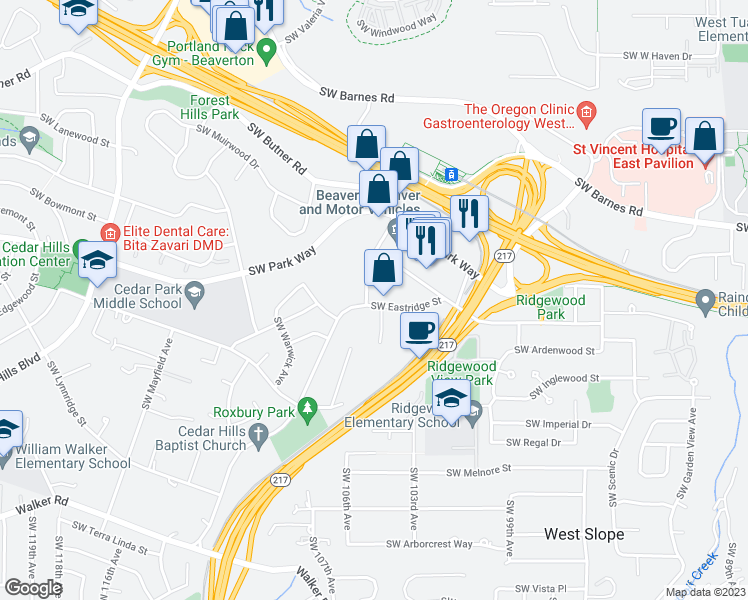 map of restaurants, bars, coffee shops, grocery stores, and more near 10429 Southwest Eastridge Street in Portland