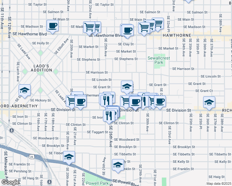 map of restaurants, bars, coffee shops, grocery stores, and more near 2640 Southeast Grant Street in Portland