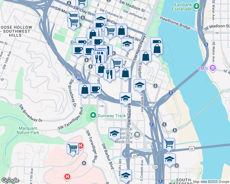 map of restaurants, bars, coffee shops, grocery stores, and more near 2221 Southwest 1st Avenue in Portland