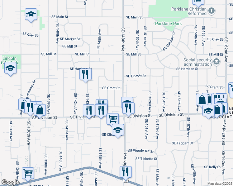 map of restaurants, bars, coffee shops, grocery stores, and more near 2230 Southeast 147th Avenue in Portland