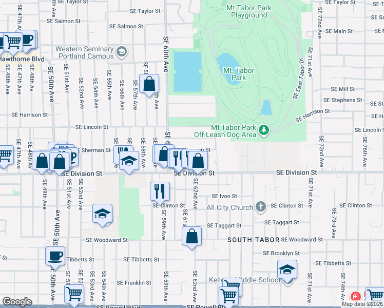 map of restaurants, bars, coffee shops, grocery stores, and more near 6206 Southeast Sherman Street in Portland