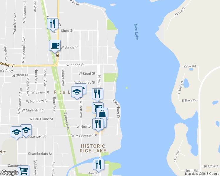 map of restaurants, bars, coffee shops, grocery stores, and more near 16 East Douglas Street in Rice Lake