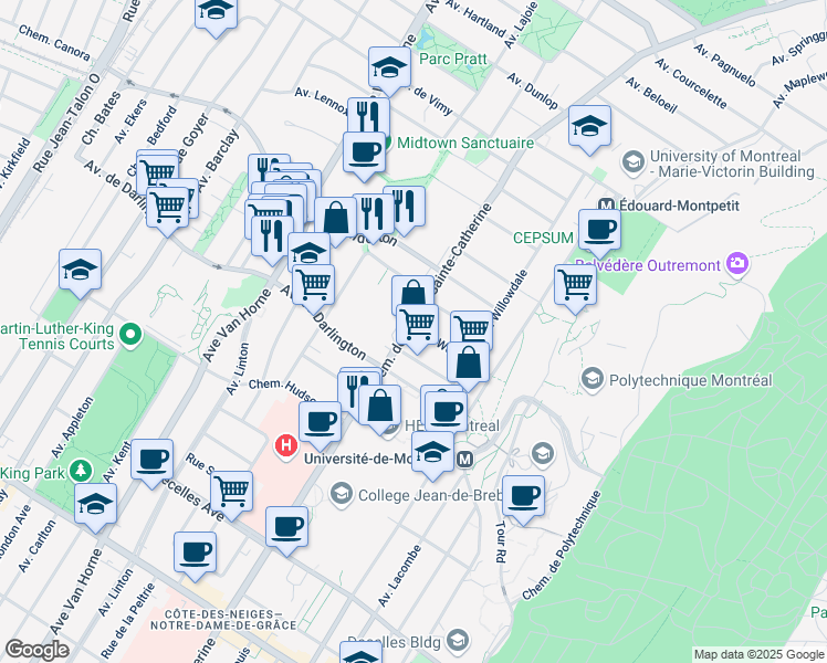 map of restaurants, bars, coffee shops, grocery stores, and more near 2700 Chemin de la Côte-Sainte-Catherine in Montréal