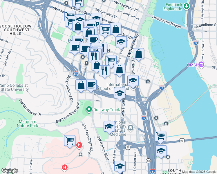 map of restaurants, bars, coffee shops, grocery stores, and more near 2221 Southwest 1st Avenue in Portland