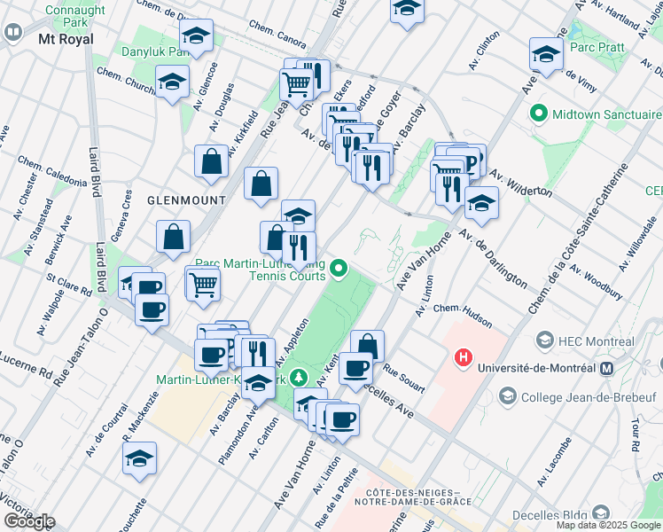 map of restaurants, bars, coffee shops, grocery stores, and more near 3105 Avenue Appleton in Montréal