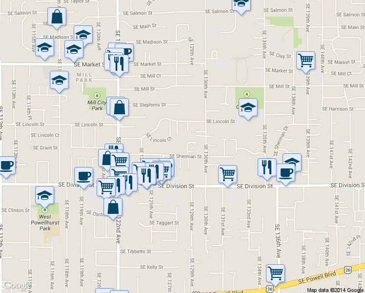 map of restaurants, bars, coffee shops, grocery stores, and more near 12722 Southeast Lincoln Street in Portland