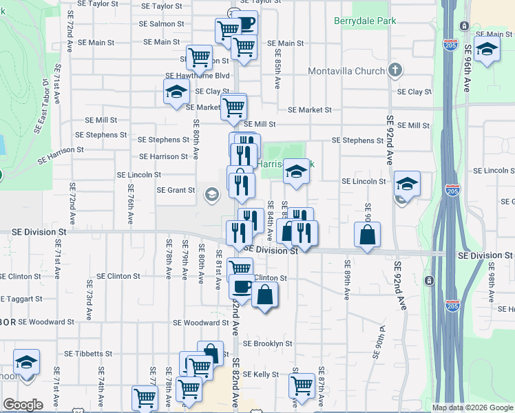 map of restaurants, bars, coffee shops, grocery stores, and more near 2121 Southeast 84th Avenue in Portland