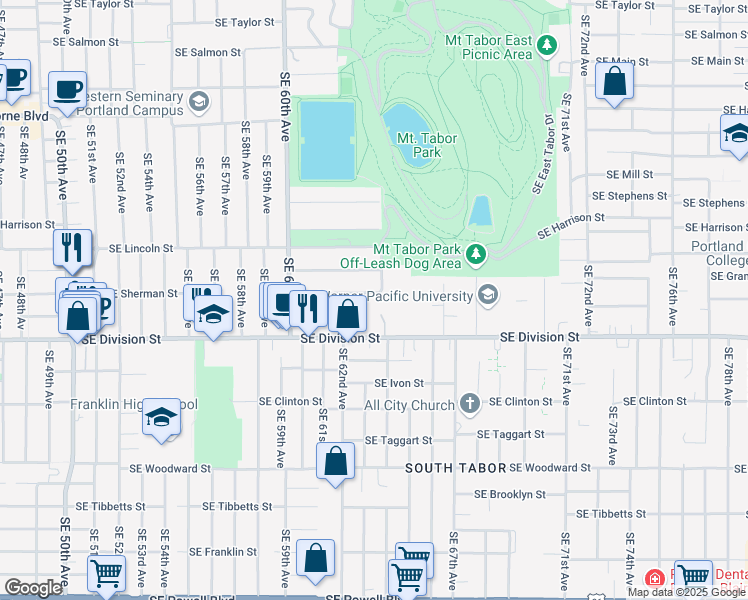 map of restaurants, bars, coffee shops, grocery stores, and more near 6335 Southeast Sherman Street in Portland