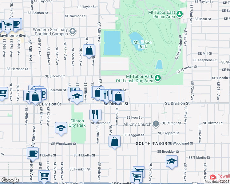 map of restaurants, bars, coffee shops, grocery stores, and more near 6217 Southeast Sherman Street in Portland