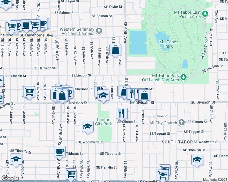 map of restaurants, bars, coffee shops, grocery stores, and more near 2225 Southeast 58th Avenue in Portland