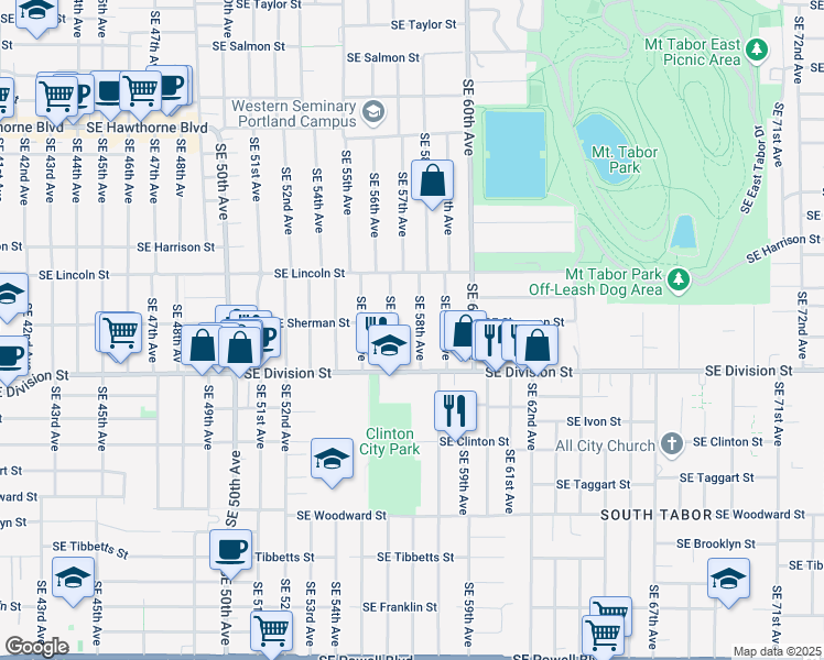 map of restaurants, bars, coffee shops, grocery stores, and more near 2225 Southeast 58th Avenue in Portland