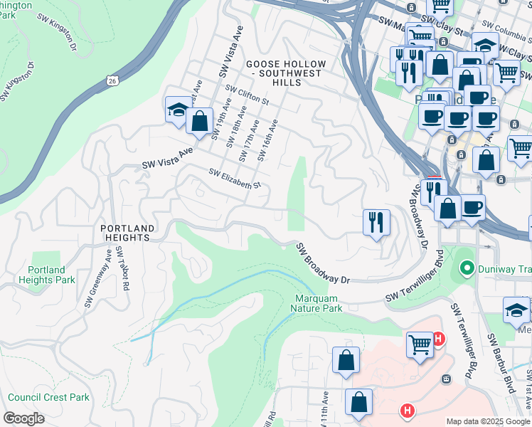 map of restaurants, bars, coffee shops, grocery stores, and more near 1540 Southwest Elizabeth Court in Portland