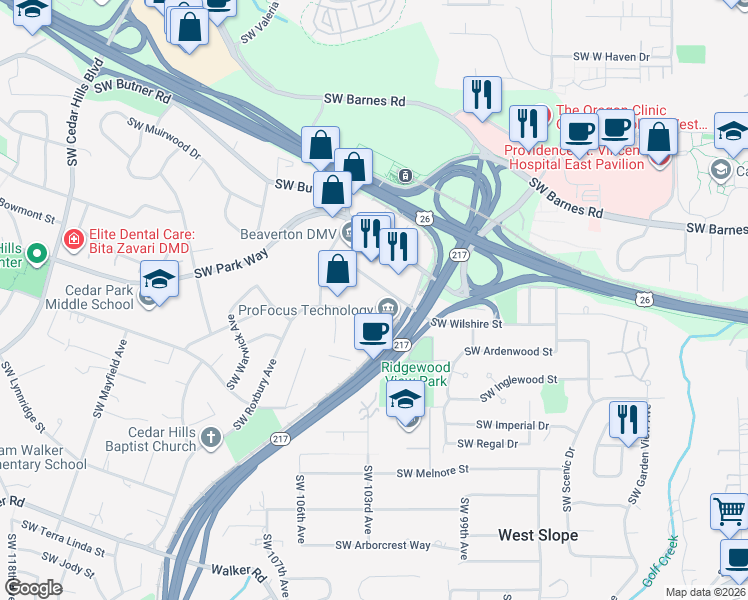 map of restaurants, bars, coffee shops, grocery stores, and more near 10010 SW Wilshire St in Portland