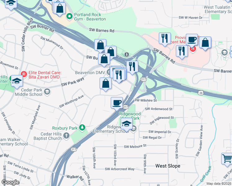 map of restaurants, bars, coffee shops, grocery stores, and more near 10010 SW Wilshire St in Portland
