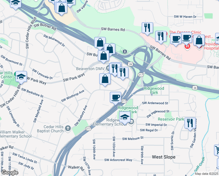 map of restaurants, bars, coffee shops, grocery stores, and more near 1800 Southwest Marlow Avenue in Portland