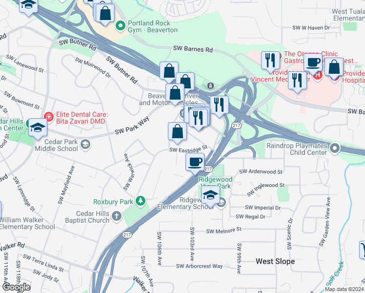 map of restaurants, bars, coffee shops, grocery stores, and more near 1800 Southwest Marlow Avenue in Portland