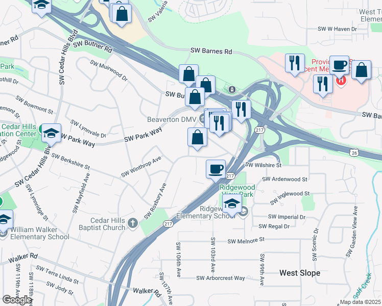 map of restaurants, bars, coffee shops, grocery stores, and more near 1800 Southwest Marlow Avenue in Portland