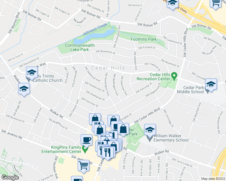 map of restaurants, bars, coffee shops, grocery stores, and more near 1760 Southwest Wellington Avenue in Portland