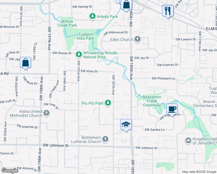 map of restaurants, bars, coffee shops, grocery stores, and more near 18845 Southwest Westland Lane in Beaverton