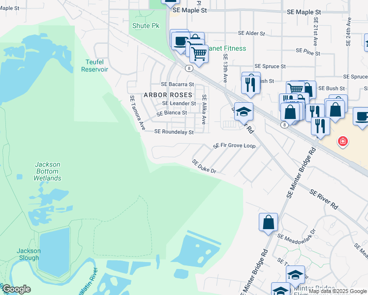 map of restaurants, bars, coffee shops, grocery stores, and more near 1179 Southeast Fir Grove Loop in Hillsboro