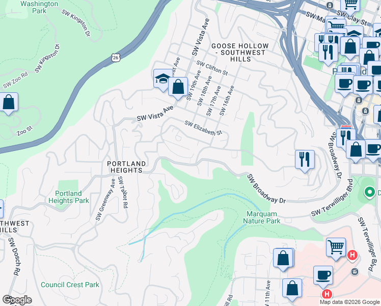 map of restaurants, bars, coffee shops, grocery stores, and more near 1716 Southwest High Street in Portland