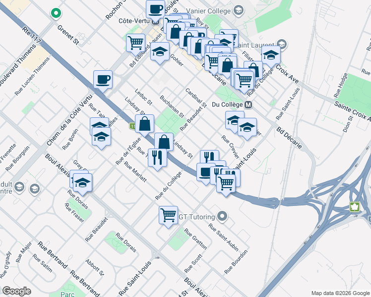 map of restaurants, bars, coffee shops, grocery stores, and more near 635 Rue Lindsay in Montréal