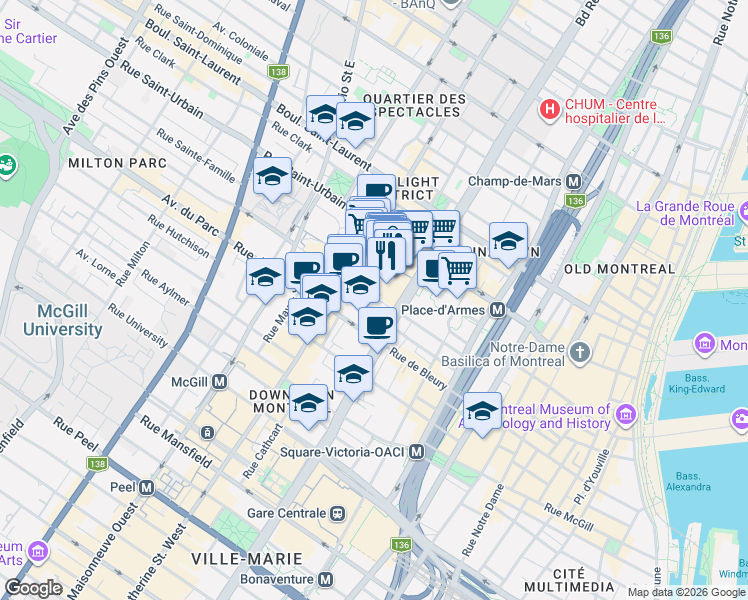 map of restaurants, bars, coffee shops, grocery stores, and more near 1210 Rue Jeanne-Mance in Montréal