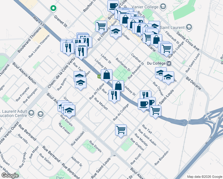 map of restaurants, bars, coffee shops, grocery stores, and more near 750 Boulevard Marcel-Laurin in Montréal