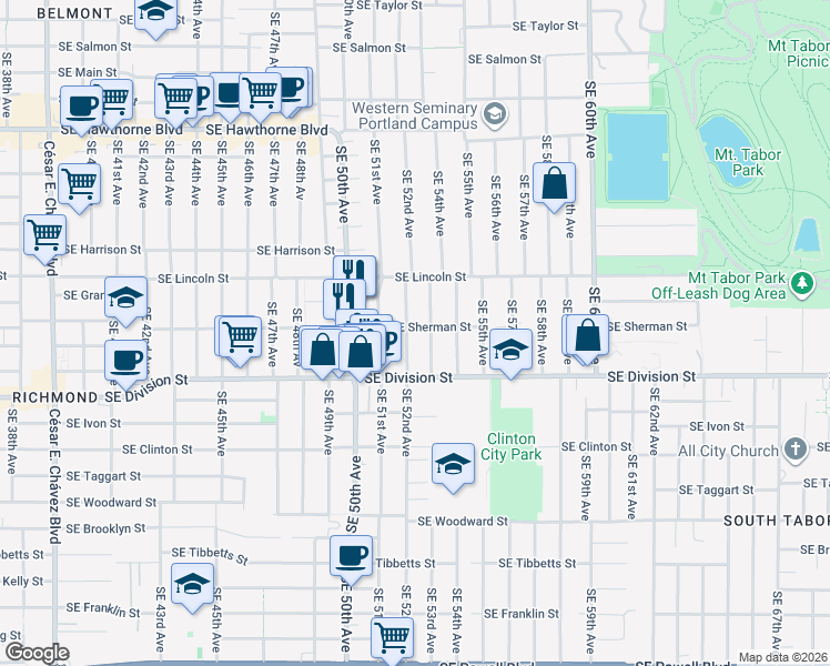 map of restaurants, bars, coffee shops, grocery stores, and more near 2306 Southeast 52nd Avenue in Portland