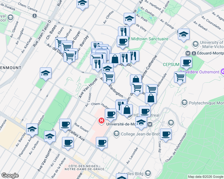 map of restaurants, bars, coffee shops, grocery stores, and more near 5790 Avenue Darlington in Montreal
