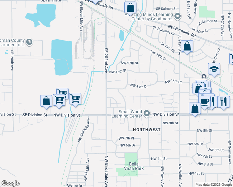 map of restaurants, bars, coffee shops, grocery stores, and more near 1387 Northwest Riverview Avenue in Gresham