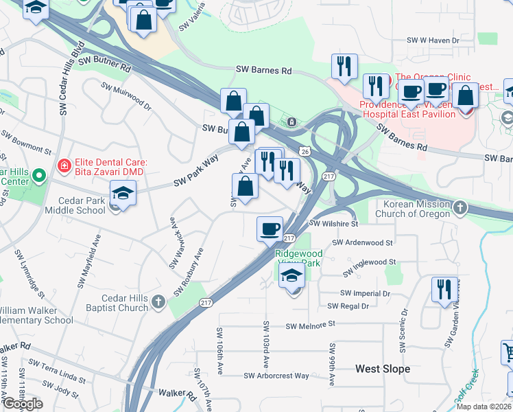 map of restaurants, bars, coffee shops, grocery stores, and more near 1800 Southwest Marlow Avenue in Portland