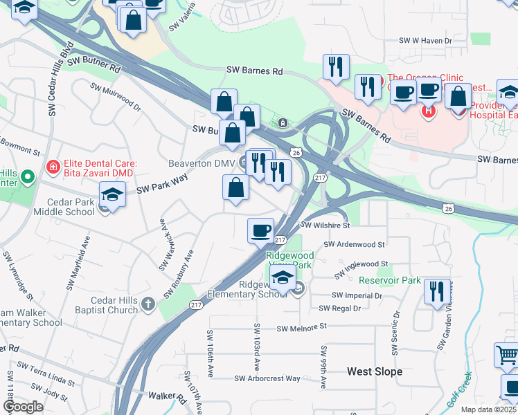 map of restaurants, bars, coffee shops, grocery stores, and more near 10010 SW Wilshire St in Portland