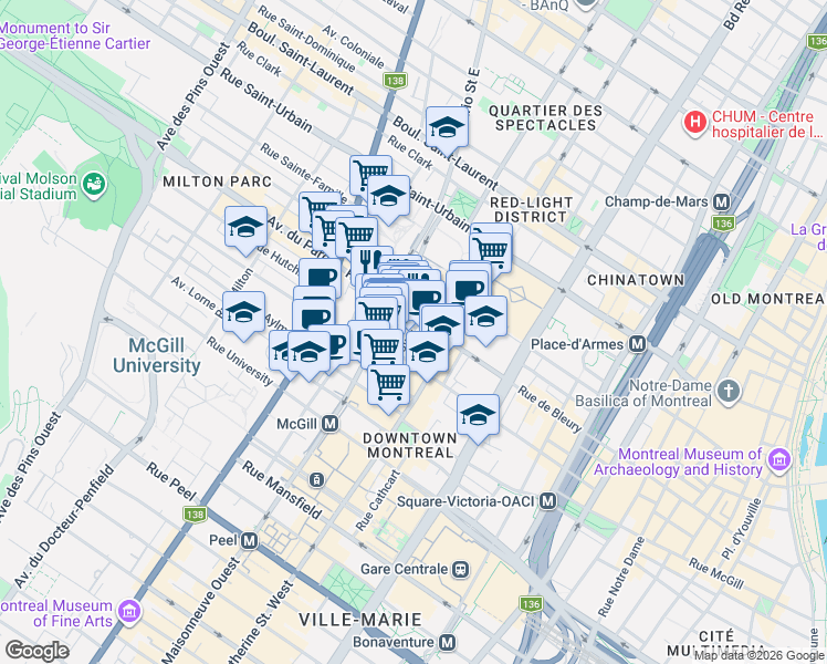 map of restaurants, bars, coffee shops, grocery stores, and more near 360 Rue Mayor in Montreal