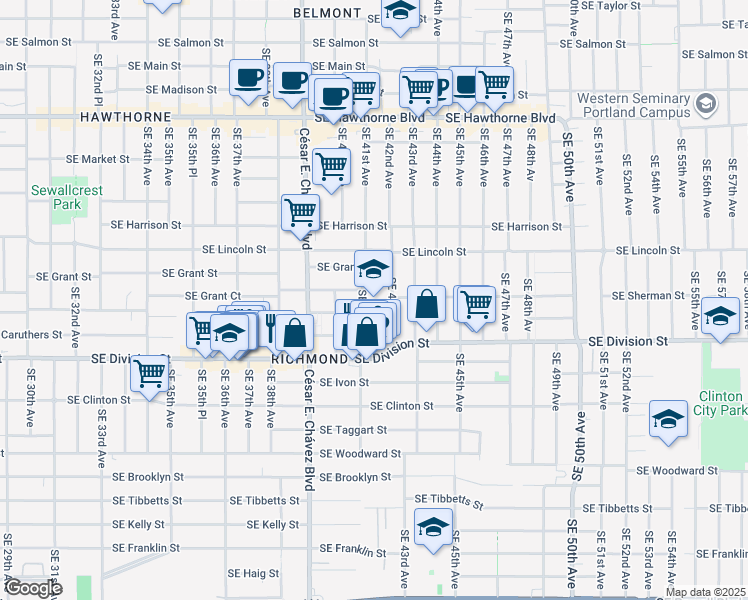 map of restaurants, bars, coffee shops, grocery stores, and more near 2276 Southeast 41st Avenue in Portland