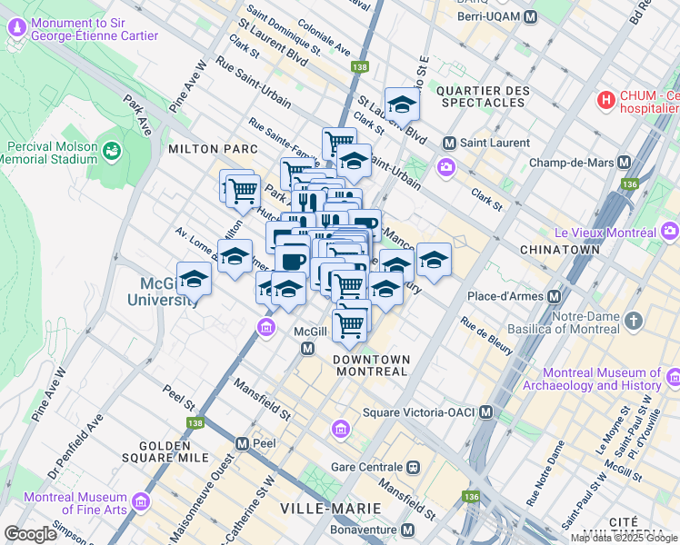 map of restaurants, bars, coffee shops, grocery stores, and more near 390 Rue Sherbrooke Ouest in Montréal
