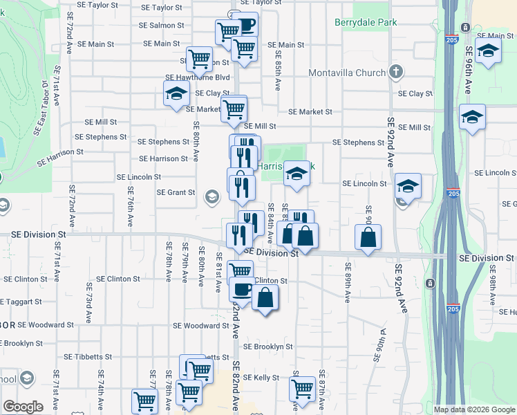 map of restaurants, bars, coffee shops, grocery stores, and more near 2300 Southeast 82nd Avenue in Portland