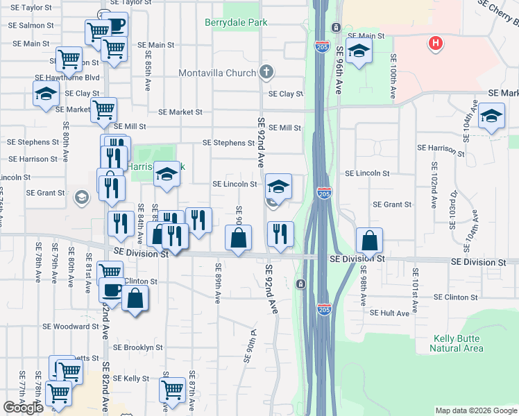 map of restaurants, bars, coffee shops, grocery stores, and more near 2241 Southeast 92nd Avenue in Portland
