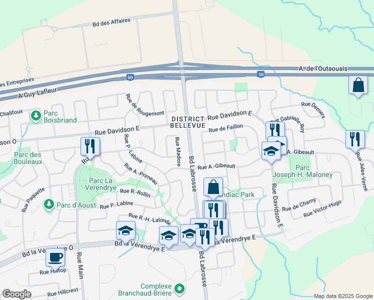 map of restaurants, bars, coffee shops, grocery stores, and more near 767 Boulevard Labrosse in Gatineau