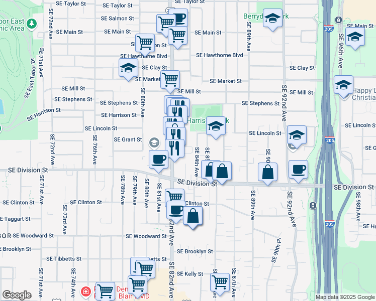 map of restaurants, bars, coffee shops, grocery stores, and more near 2121 Southeast 84th Avenue in Portland