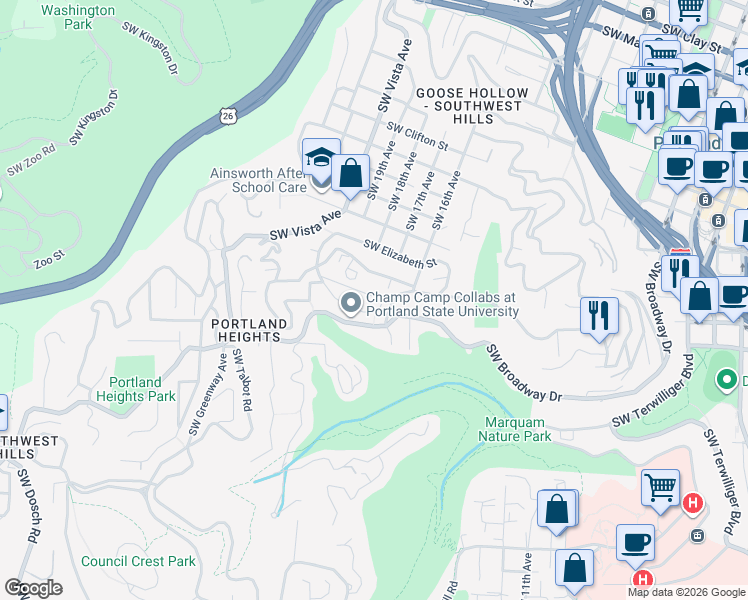 map of restaurants, bars, coffee shops, grocery stores, and more near 1755 Southwest High Street in Portland