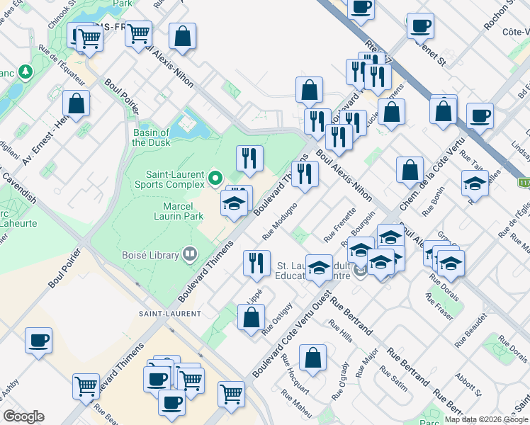 map of restaurants, bars, coffee shops, grocery stores, and more near 2350 Boulevard Thimens in Montréal