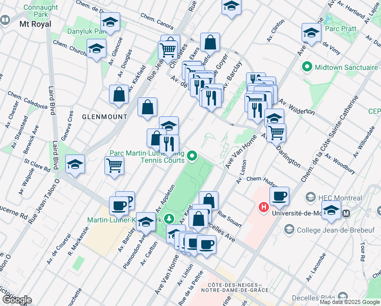 map of restaurants, bars, coffee shops, grocery stores, and more near 3105 Avenue Appleton in Montréal