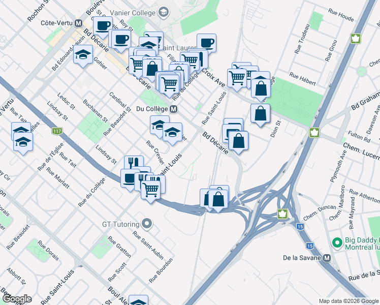 map of restaurants, bars, coffee shops, grocery stores, and more near 1600 Rue Saint-Louis in Montréal
