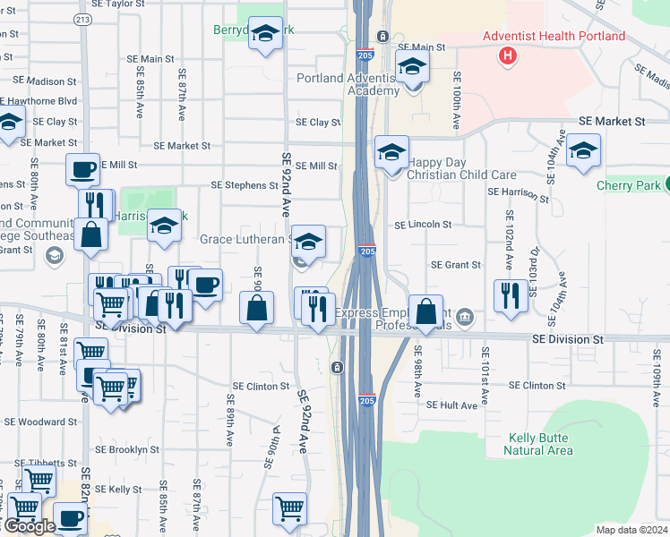 map of restaurants, bars, coffee shops, grocery stores, and more near 9385 Southeast Grant Street in Portland