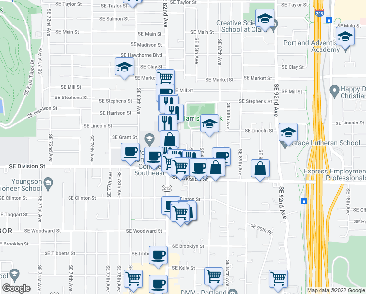 map of restaurants, bars, coffee shops, grocery stores, and more near 2121 Southeast 84th Avenue in Portland