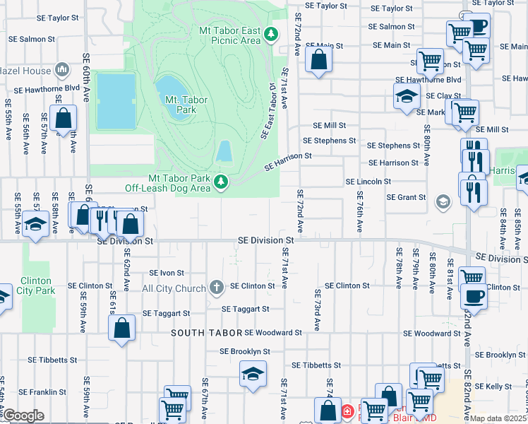 map of restaurants, bars, coffee shops, grocery stores, and more near 2212 Southeast 70th Avenue in Portland